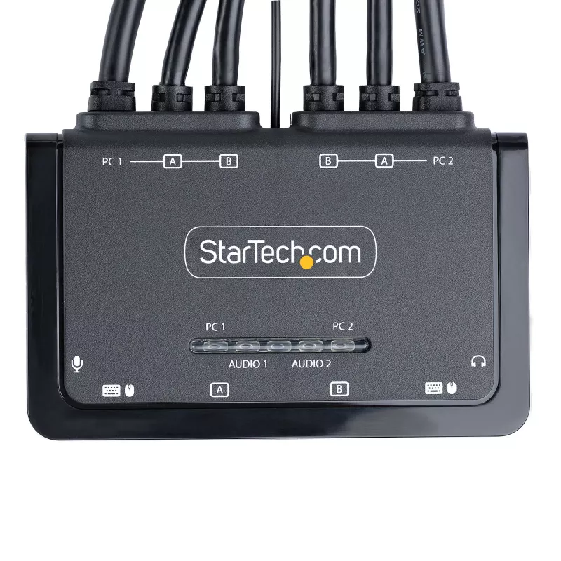 StarTech.com Switch KVM de 2 puertos para doble monitor con cables DisplayPort, 4K 60Hz, switch KVM compacto con cables USB-A/DisplayPort/audio integrados de 1,5 m, alimentado por bus – conmutación mediante botón de mando a distancia/teclas de acceso rápido
