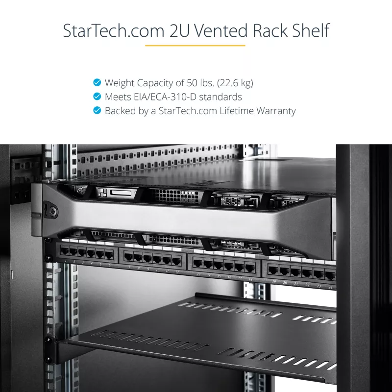 StarTech.com bandeja extraíble 2U para rack de servidores – bandeja cantilever universal ventilada para rack y armario de red de 19 pulgadas – acero de alta resistencia – capacidad de carga 23 kg – bandeja de 16 pulgadas de profundidad, negro