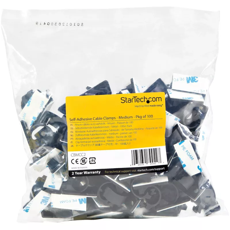 StarTech.com 100 clips autoadhesivos para gestión de cables negro – organizador de cables de red/Ethernet/escritorio de oficina/ordenador – soporte adhesivo para cables – soporte autoadhesivo de nailon UL/94V-2 ignífugo
