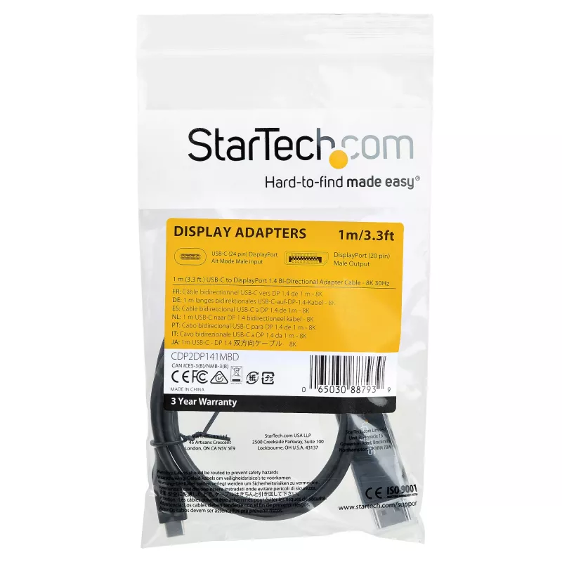Cable USB-C a DisplayPort 1.4 StarTech.com de 1 m 8K 60 Hz/4K – cable adaptador de vídeo bidireccional DP a USB-C o USB-C a DP reversible – HBR3/HDR/DSC – cable para monitor USB Type-C/Thunderbolt