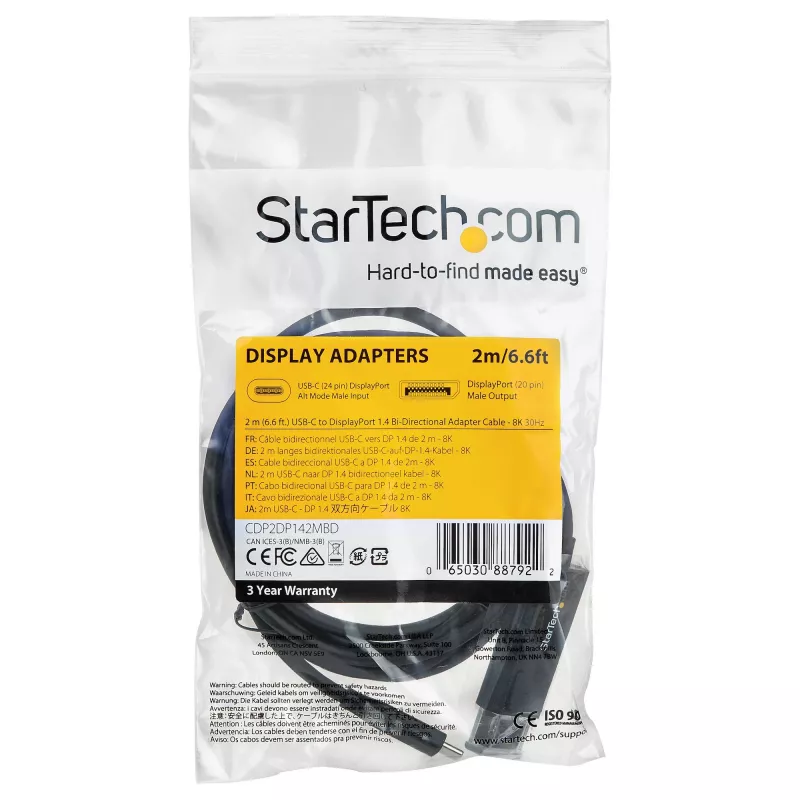 Cable USB-C a DisplayPort 1.4 StarTech.com de 2 m 8K 60Hz/4K - cable adaptador de vídeo bidireccional DP a USB-C o USB-C a DP reversible - HBR3/HDR/DSC - cable para monitor USB Type-C/Thunderbolt 3 (CDP2DP142MBD)