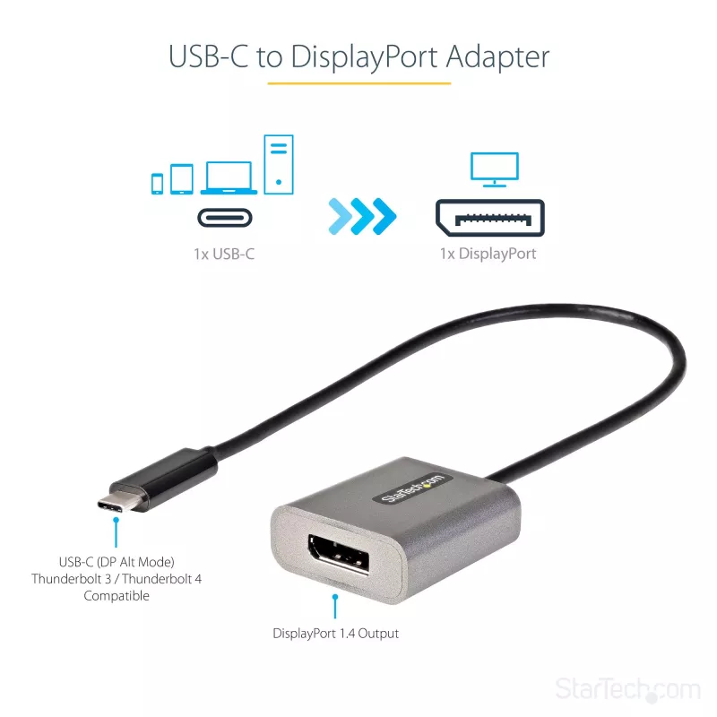 Adaptador USB-C a DisplayPort StarTech.com – adaptador dongle USB-C a DisplayPort 1.4 8K/4K 60Hz – convertidor de vídeo USB Type-C a DP para monitor – compatible con Thunderbolt 3 – con cable adjunto de 30 cm