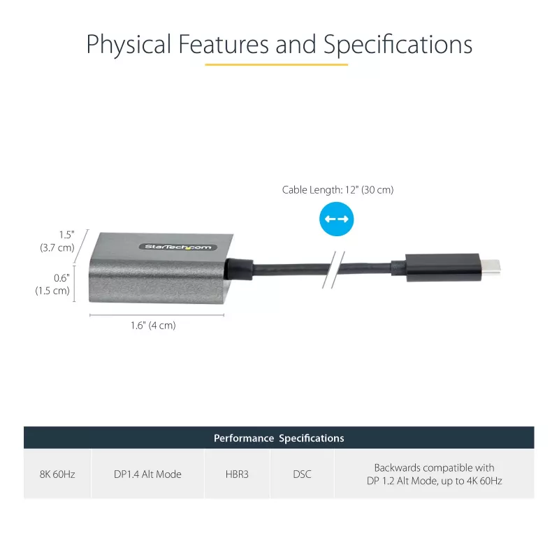 Adaptador USB-C a DisplayPort StarTech.com – adaptador dongle USB-C a DisplayPort 1.4 8K/4K 60Hz – convertidor de vídeo USB Type-C a DP para monitor – compatible con Thunderbolt 3 – con cable adjunto de 30 cm