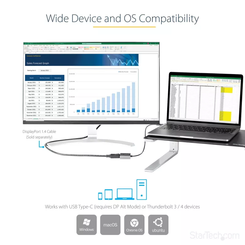 Adaptador USB-C a DisplayPort StarTech.com – adaptador dongle USB-C a DisplayPort 1.4 8K/4K 60Hz – convertidor de vídeo USB Type-C a DP para monitor – compatible con Thunderbolt 3 – con cable adjunto de 30 cm