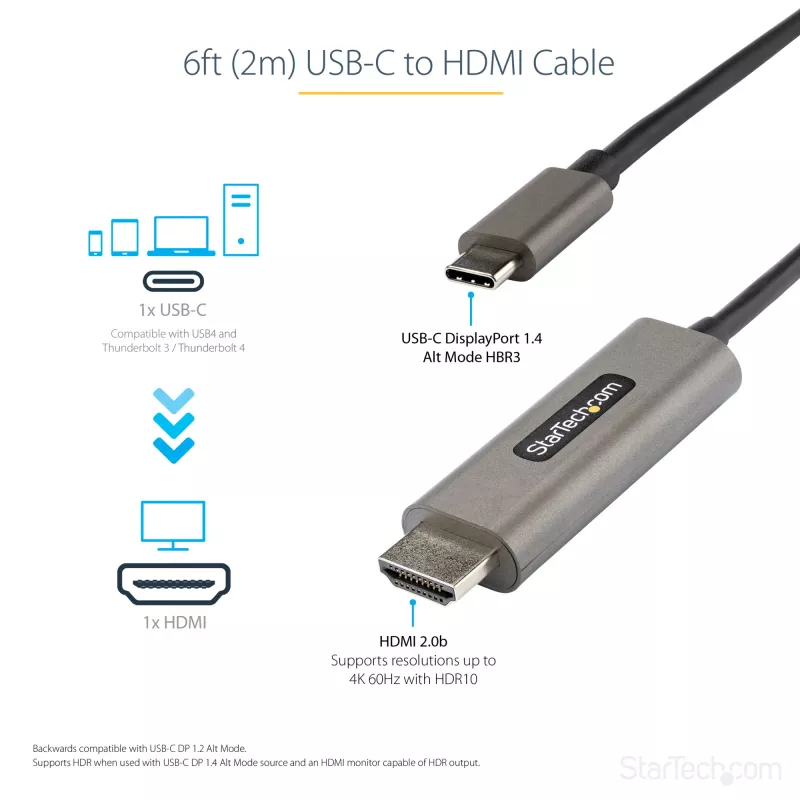 Cable USB-C a HDMI StarTech.com de 1,8 m (2 m) 4K 60 Hz con HDR10 – cable adaptador de vídeo Ultra HD USB Type-C a 4K HDMI 2.0b – convertidor USB-C a HDMI para monitor/pantalla HDR – DP 1.4 Alt Mode HBR3