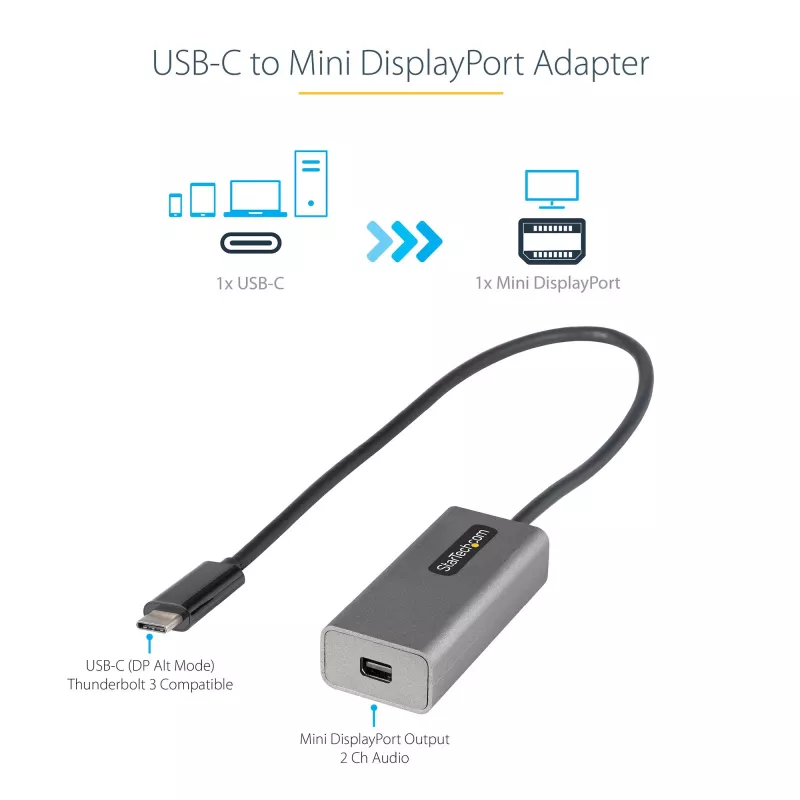 Adaptador USB-C a Mini DisplayPort StarTech.com – adaptador dongle USB-C a mDP 4K 60Hz – USB Type-C a monitor Mini DP – convertidor de vídeo – compatible con Thunderbolt 3 – cable adjunto de 30 cm – versión actualizada del CDP2MDP