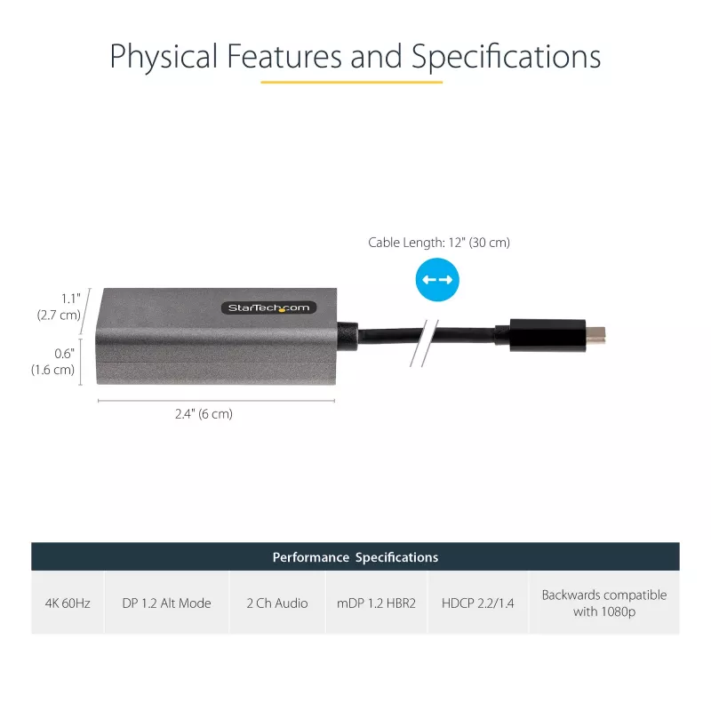 Adaptador USB-C a Mini DisplayPort StarTech.com – adaptador dongle USB-C a mDP 4K 60Hz – USB Type-C a monitor Mini DP – convertidor de vídeo – compatible con Thunderbolt 3 – cable adjunto de 30 cm – versión actualizada del CDP2MDP