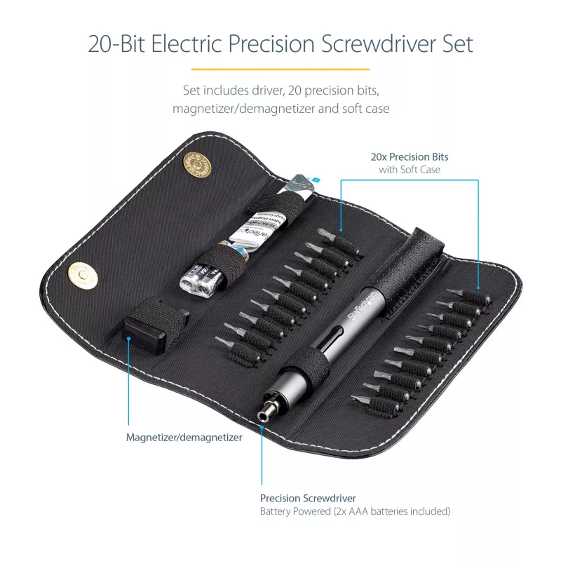StarTech.com set de destornilladores eléctricos de precisión de 20 bits - kit portátil/mini destornillador de bits a batería para reparaciones de electrónica, portátiles, ordenadores, tablets y teléfonos - magnético - inalámbrico