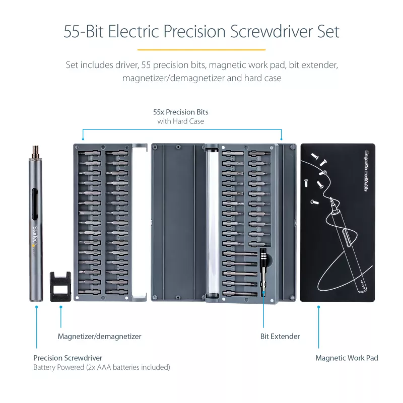 StarTech.com set de destornilladores eléctricos de precisión de 55 bits - set portátil de destornillador de bits inalámbrico a batería para reparaciones de electrónica, portátiles, ordenadores, tablets y teléfonos - base magnética