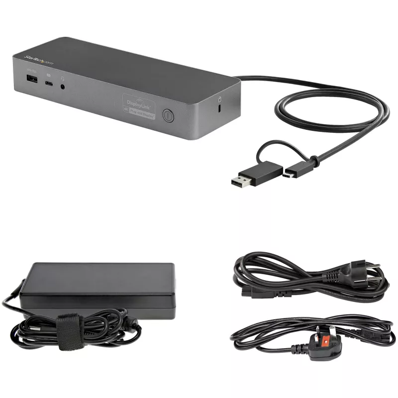 StarTech.com Estación de acoplamiento universal para portátil, dock híbrido USB-C y USB-A, doble 4K DP y HDMI, 100W PD, Mac / Windows / Chrome OS, hub 4x USB 5Gbps, GbE