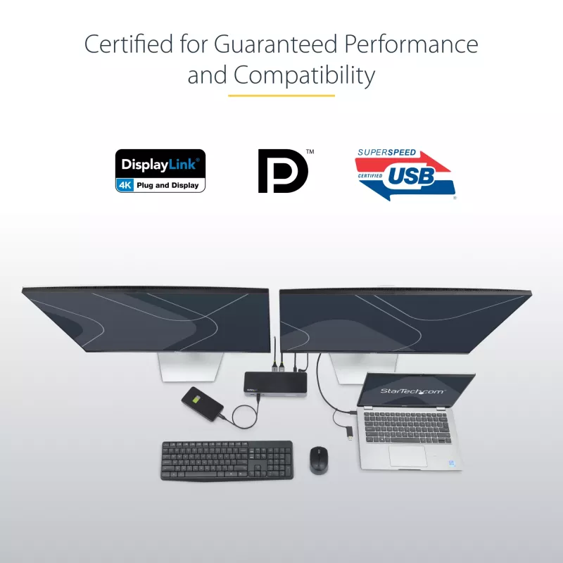 StarTech.com Estación de acoplamiento universal para portátil, dock híbrido USB-C y USB-A, doble 4K DP y HDMI, 100W PD, Mac / Windows / Chrome OS, hub 4x USB 5Gbps, GbE