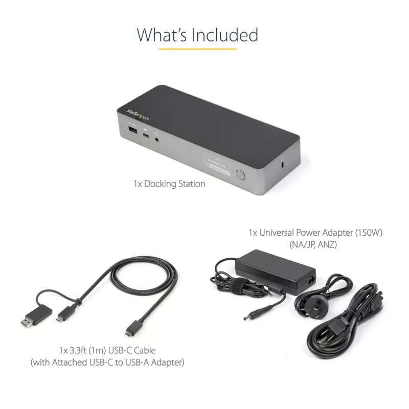 StarTech.com Estación de acoplamiento universal para portátil, dock híbrido USB-C y USB-A, doble 4K DP y HDMI, 100W PD, Mac / Windows / Chrome OS, hub 4x USB 5Gbps, GbE