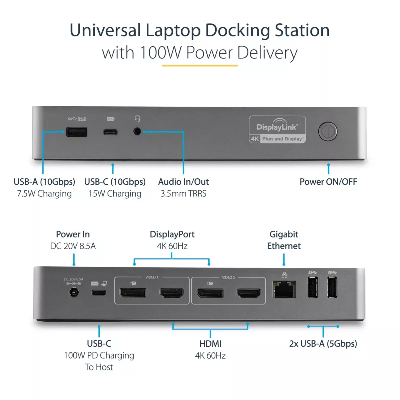 StarTech.com Estación de acoplamiento universal para portátil, dock híbrido USB-C y USB-A, doble 4K DP y HDMI, 100W PD, Mac / Windows / Chrome OS, hub 4x USB 5Gbps, GbE