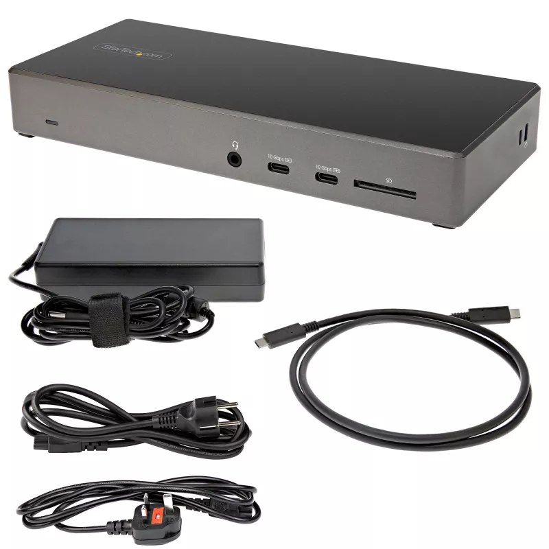 StarTech.com Dock USB C - Estación de acoplamiento USB Type-C para triple monitor 4K - 100W Power Delivery - DP 1.4 Alt Mode y DSC, 2x DisplayPort 1.4/HDMI 2.0 - 6xUSB (2x 10Gbps) - Windows/Chrome