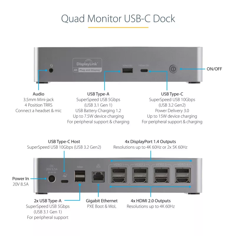 StarTech.com Dock USB-C – DisplayPort y HDMI cuádruple monitor 4K 60Hz – Estación de acoplamiento USB-C universal con 100W Power Delivery – Hub USB con 1x USB Type-C y 3x USB-A, Ethernet, Audio