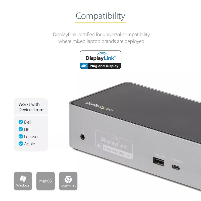 StarTech.com Dock USB-C – DisplayPort y HDMI cuádruple monitor 4K 60Hz – Estación de acoplamiento USB-C universal con 100W Power Delivery – Hub USB con 1x USB Type-C y 3x USB-A, Ethernet, Audio