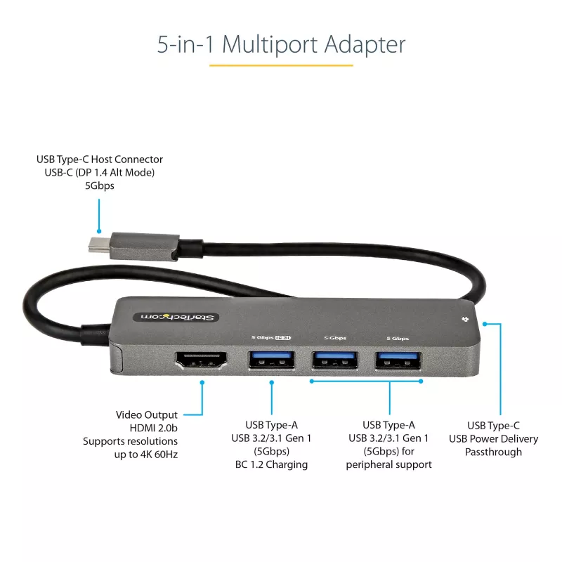 StarTech.com Adaptador multipuerto USB-C - USB-C a HDMI 2.0b 4K 60Hz (HDR10), 100W Power Delivery Pass-Through, hub USB 3.0 de 4 puertos - Mini dock USB Type-C - Cable fijo de 30 cm