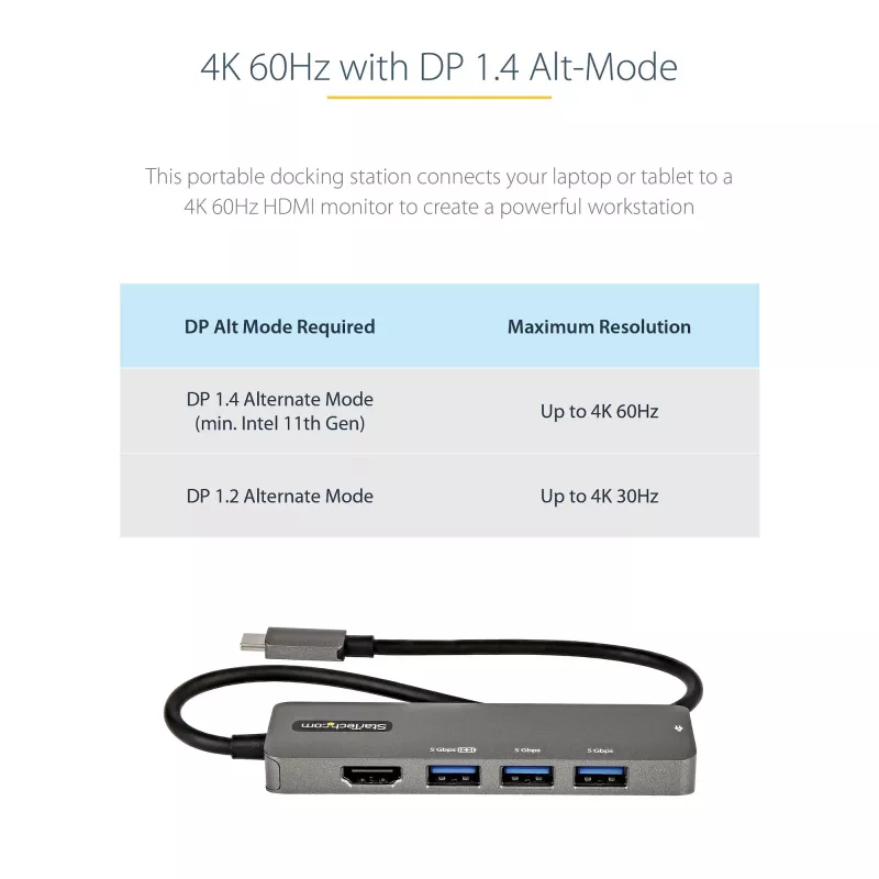 StarTech.com Adaptador multipuerto USB-C - USB-C a HDMI 2.0b 4K 60Hz (HDR10), 100W Power Delivery Pass-Through, hub USB 3.0 de 4 puertos - Mini dock USB Type-C - Cable fijo de 30 cm