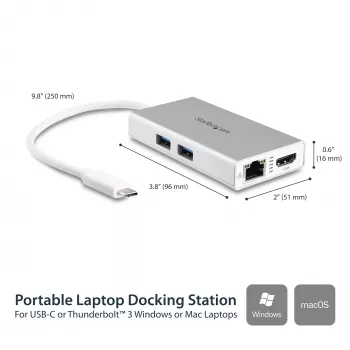 StarTech.com Adaptador multipuerto USB-C – Estación de acoplamiento de viaje USB-C con 4K HDMI – 60 W Power Delivery Pass-Through, GbE, hub USB-A 3.0 de 2 puertos – Mini dock USB Type-C portátil para portátil – Blanco