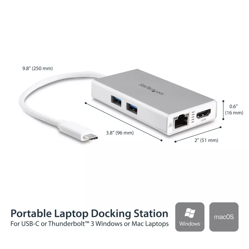 StarTech.com Adaptador multipuerto USB-C – Estación de acoplamiento de viaje USB-C con 4K HDMI – 60 W Power Delivery Pass-Through, GbE, hub USB-A 3.0 de 2 puertos – Mini dock USB Type-C portátil para portátil – Blanco