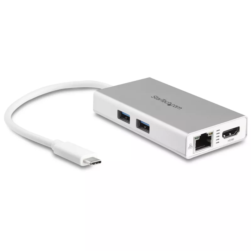 StarTech.com Adaptador multipuerto USB-C – Estación de acoplamiento de viaje USB-C con 4K HDMI – 60 W Power Delivery Pass-Through, GbE, hub USB-A 3.0 de 2 puertos – Mini dock USB Type-C portátil para portátil – Blanco