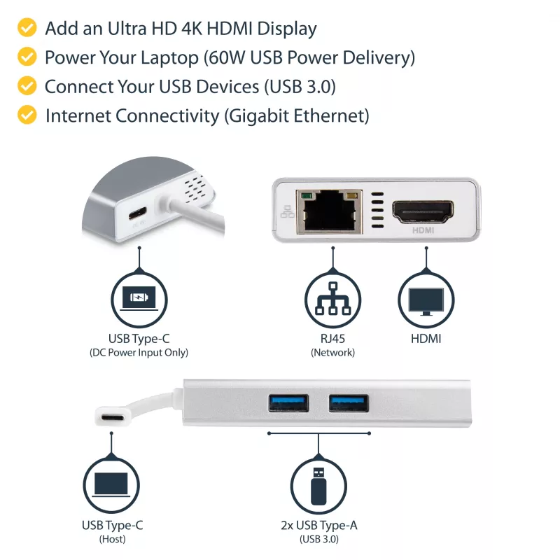 StarTech.com Adaptador multipuerto USB-C – Estación de acoplamiento de viaje USB-C con 4K HDMI – 60 W Power Delivery Pass-Through, GbE, hub USB-A 3.0 de 2 puertos – Mini dock USB Type-C portátil para portátil – Blanco