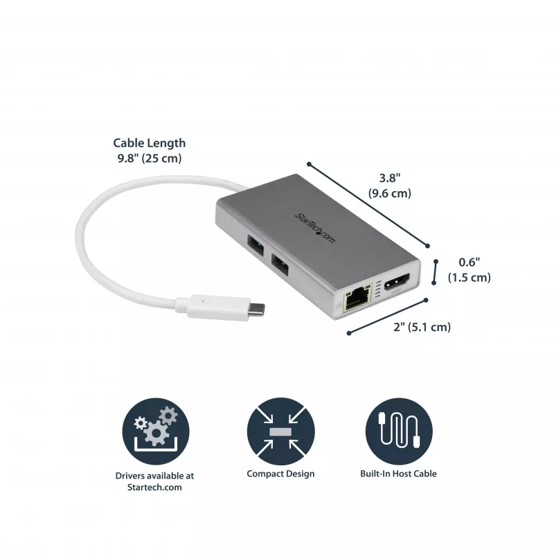 StarTech.com Adaptador multipuerto USB-C – Estación de acoplamiento de viaje USB-C con 4K HDMI – 60 W Power Delivery Pass-Through, GbE, hub USB-A 3.0 de 2 puertos – Mini dock USB Type-C portátil para portátil – Blanco