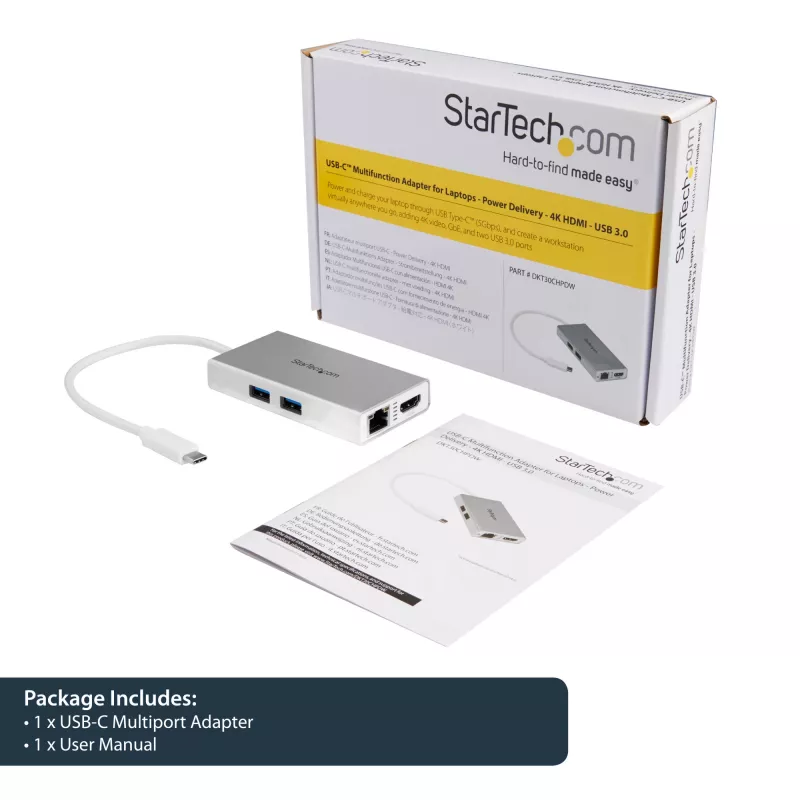 StarTech.com Adaptador multipuerto USB-C – Estación de acoplamiento de viaje USB-C con 4K HDMI – 60 W Power Delivery Pass-Through, GbE, hub USB-A 3.0 de 2 puertos – Mini dock USB Type-C portátil para portátil – Blanco