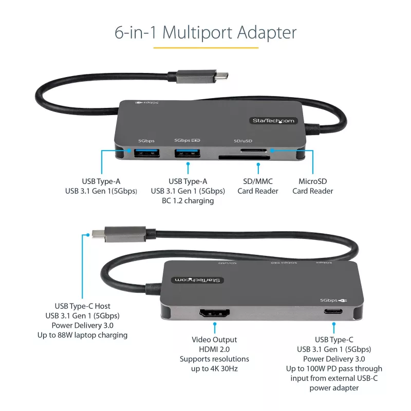 StarTech.com DKT30CHSDPD adaptador multipuerto USB-C mini dock, HDMI 4K, 100 W PD pass-through, ranura SD/microSD, hub USB 3.0 de 3 puertos, cable fijo de 30 cm