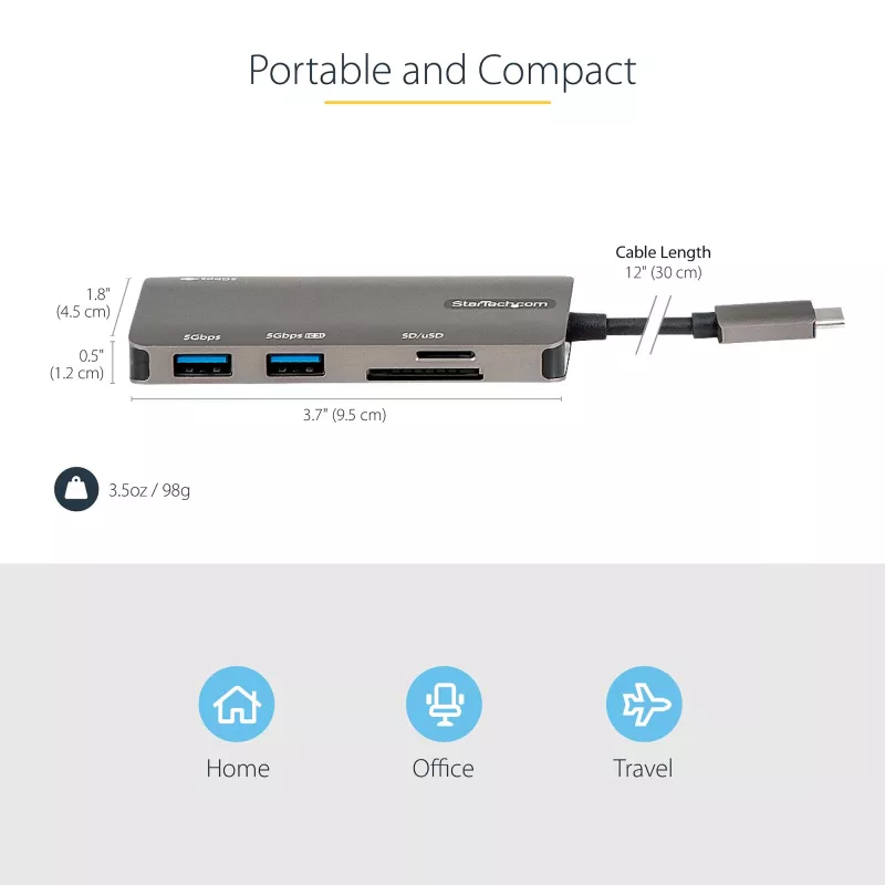 StarTech.com DKT30CHSDPD adaptador multipuerto USB-C mini dock, HDMI 4K, 100 W PD pass-through, ranura SD/microSD, hub USB 3.0 de 3 puertos, cable fijo de 30 cm