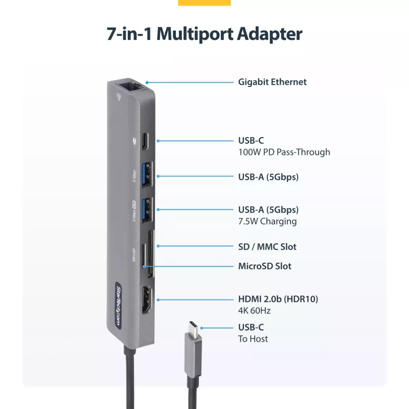 StarTech.com Hub adaptador multipuerto USB-C, USB-C a 4K 60Hz HDMI, Gigabit Ethernet y carga de portátil 100W para Macbook Pro / Air y Windows