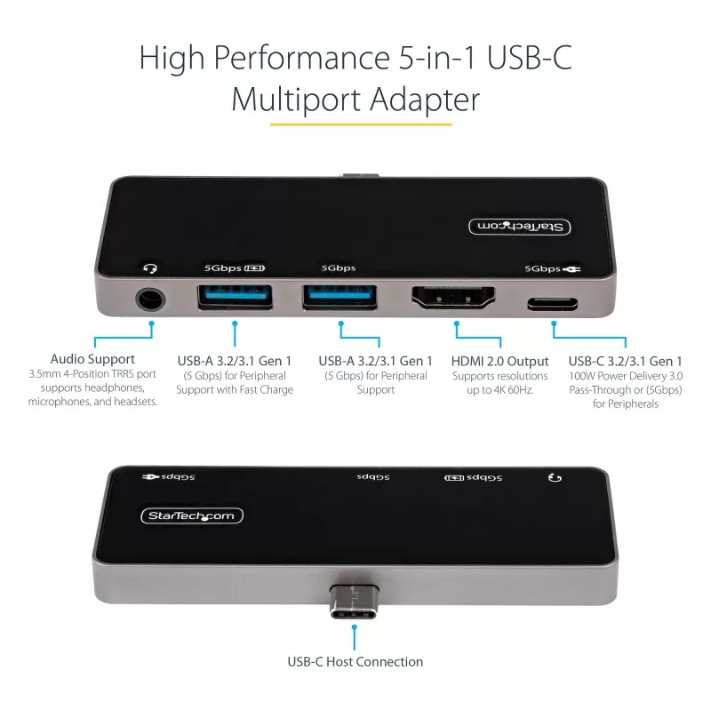 StarTech.com Adaptador multipuerto USB C – USB-C a 4K 60Hz HDMI 2.0, carga pasante 100W Power Delivery, hub USB 3.0 de 3 puertos, audio – Mini dock USB-C – Dock de viaje USB Type-C portátil
