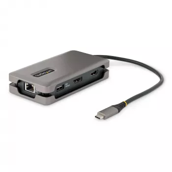 StarTech.com Adaptador multipuerto USB-C – 4K 60Hz HDMI/DP – Hub USB de 3 puertos – 100W Power Delivery Pass-Through – GbE – Mini estación de acoplamiento para viaje con función de carga – Cable enrollable de 30 cm