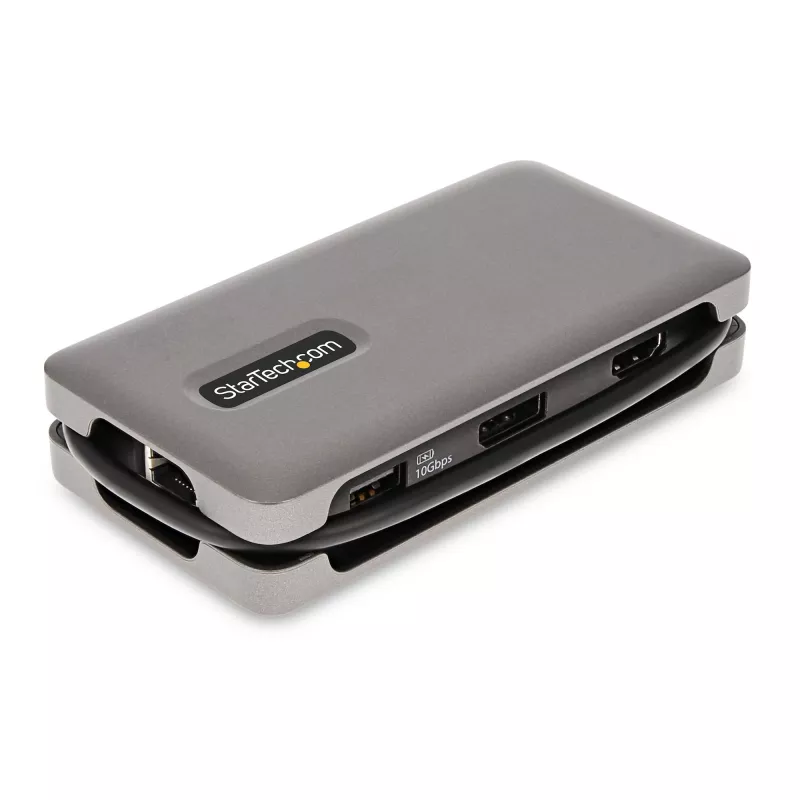 StarTech.com Adaptador multipuerto USB-C – 4K 60Hz HDMI/DP – Hub USB de 3 puertos – 100W Power Delivery Pass-Through – GbE – Mini estación de acoplamiento para viaje con función de carga – Cable enrollable de 30 cm