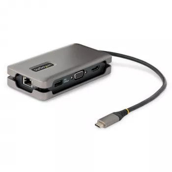 StarTech.com Adaptador multipuerto USB-C – HDMI/VGA – 4K 60 Hz – Hub USB de 3 puertos – 100 W Power Delivery Pass-Through – GbE – Mini estación de acoplamiento para viaje con función de carga – Cable enrollable, 30 cm