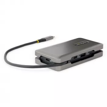 StarTech.com Adaptador multipuerto USB-C – HDMI/VGA – 4K 60 Hz – Hub USB de 3 puertos – 100 W Power Delivery Pass-Through – GbE – Mini estación de acoplamiento para viaje con función de carga – Cable enrollable, 30 cm