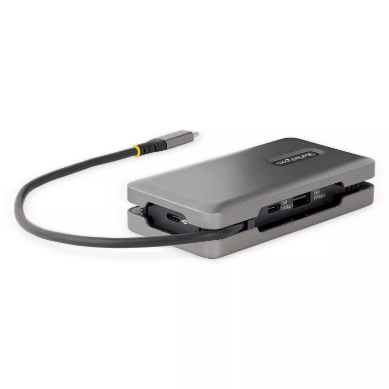 StarTech.com Adaptador multipuerto USB-C – HDMI/VGA – 4K 60 Hz – Hub USB de 3 puertos – 100 W Power Delivery Pass-Through – GbE – Mini estación de acoplamiento para viaje con función de carga – Cable enrollable, 30 cm