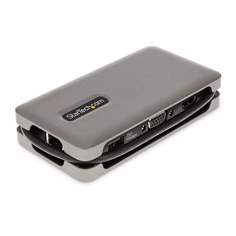 StarTech.com Adaptador multipuerto USB-C – HDMI/VGA – 4K 60 Hz – Hub USB de 3 puertos – 100 W Power Delivery Pass-Through – GbE – Mini estación de acoplamiento para viaje con función de carga – Cable enrollable, 30 cm