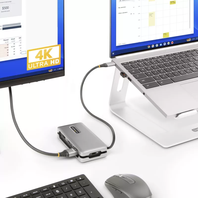 StarTech.com Adaptador multipuerto USB-C – HDMI/VGA – 4K 60 Hz – Hub USB de 3 puertos – 100 W Power Delivery Pass-Through – GbE – Mini estación de acoplamiento para viaje con función de carga – Cable enrollable, 30 cm