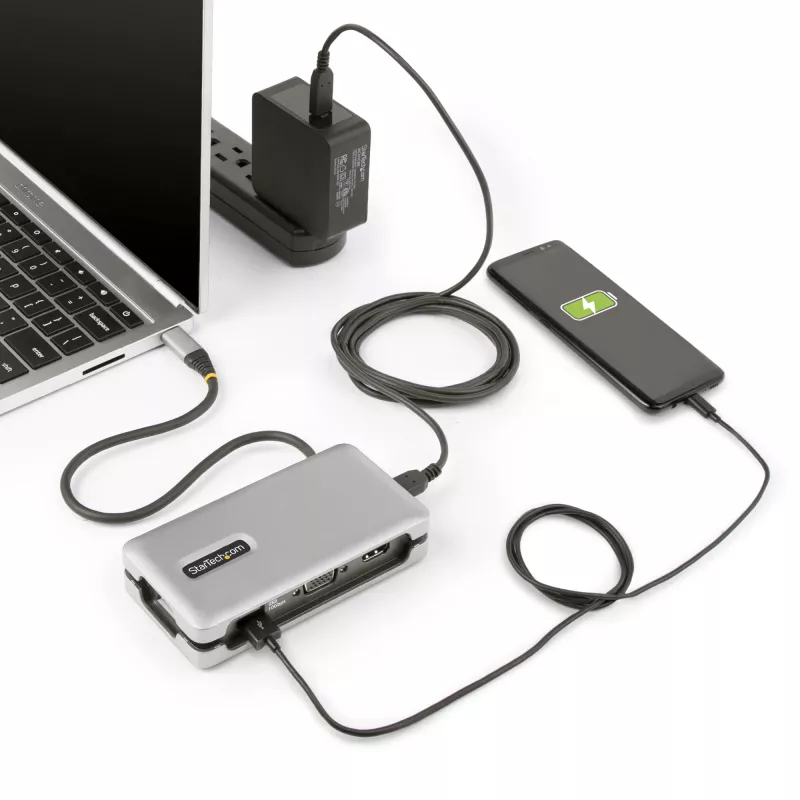 StarTech.com Adaptador multipuerto USB-C – HDMI/VGA – 4K 60 Hz – Hub USB de 3 puertos – 100 W Power Delivery Pass-Through – GbE – Mini estación de acoplamiento para viaje con función de carga – Cable enrollable, 30 cm