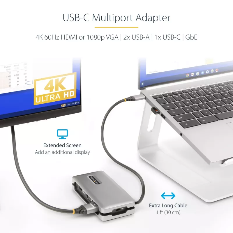 StarTech.com Adaptador multipuerto USB-C – HDMI/VGA – 4K 60 Hz – Hub USB de 3 puertos – 100 W Power Delivery Pass-Through – GbE – Mini estación de acoplamiento para viaje con función de carga – Cable enrollable, 30 cm