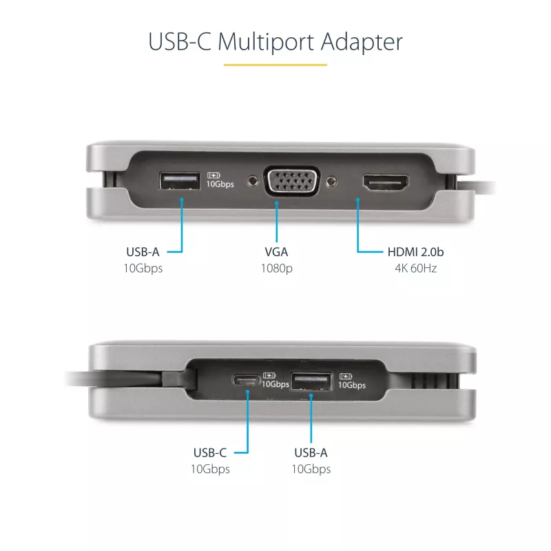 StarTech.com Adaptador multipuerto USB-C – HDMI/VGA – 4K 60 Hz – Hub USB de 3 puertos – 100 W Power Delivery Pass-Through – GbE – Mini estación de acoplamiento para viaje con función de carga – Cable enrollable, 30 cm