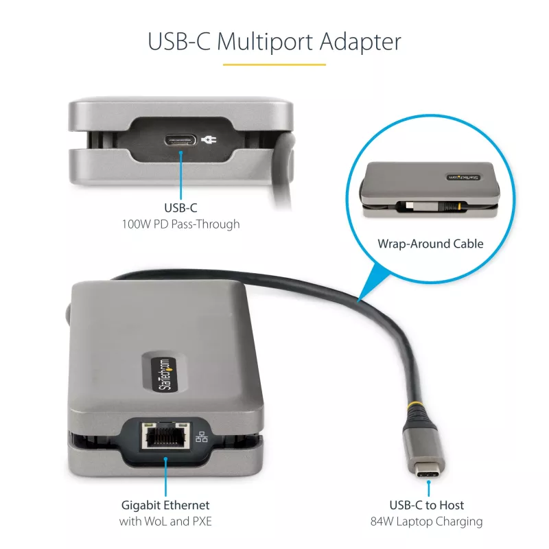 StarTech.com Adaptador multipuerto USB-C – HDMI/VGA – 4K 60 Hz – Hub USB de 3 puertos – 100 W Power Delivery Pass-Through – GbE – Mini estación de acoplamiento para viaje con función de carga – Cable enrollable, 30 cm