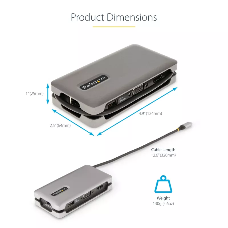 StarTech.com Adaptador multipuerto USB-C – HDMI/VGA – 4K 60 Hz – Hub USB de 3 puertos – 100 W Power Delivery Pass-Through – GbE – Mini estación de acoplamiento para viaje con función de carga – Cable enrollable, 30 cm