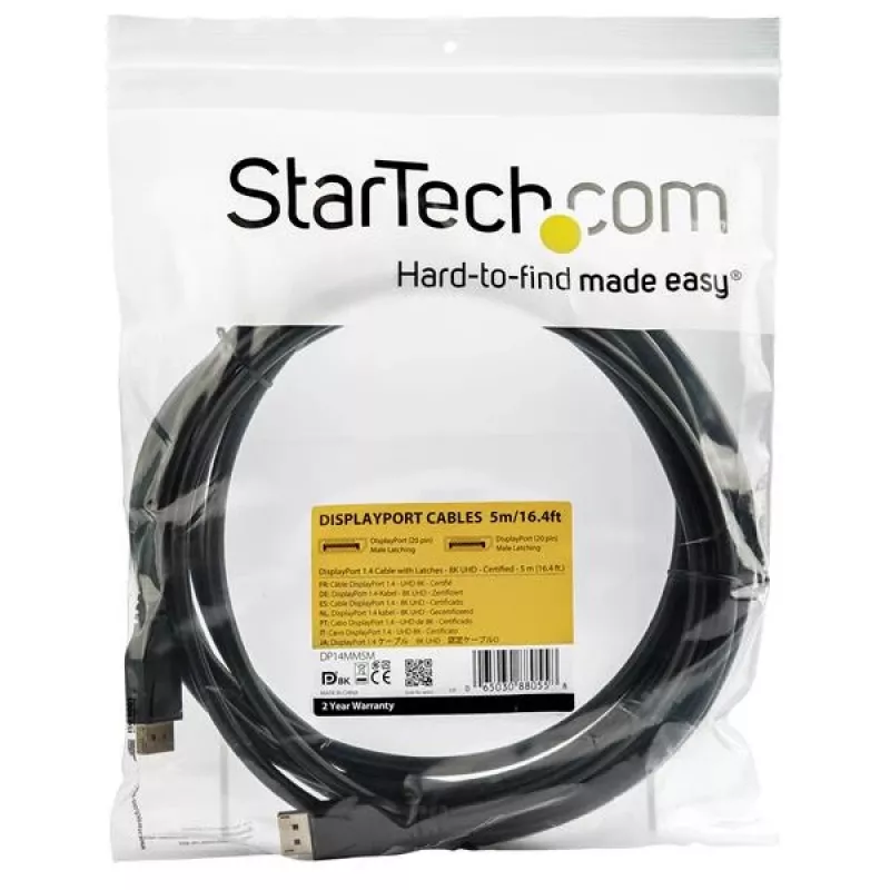 StarTech.com Cable DisplayPort 1.4 certificado por VESA de 16ft (5m), 8K 60Hz HBR3 HDR, cable de monitor DisplayPort a DisplayPort UHD, cable de vídeo DP 1.4 ultrafino 4K 120Hz M/M conector DP