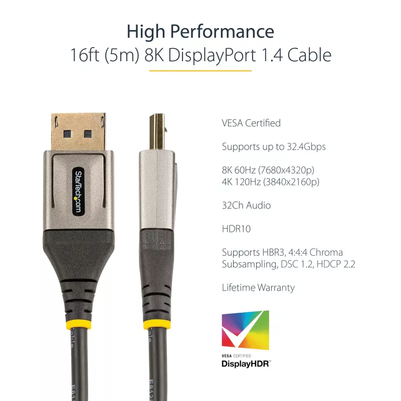 StarTech.com Cable DisplayPort 1.4 certificado por VESA de 16ft (5m) – 8K 60Hz HDR10 – Vídeo Ultra HD 4K 120Hz – Cable de DP 1.4 – Para monitores/pantallas – Cable DisplayPort a DisplayPort – M/M