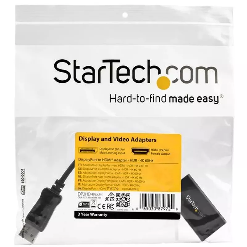 StarTech.com Adaptador DisplayPort a HDMI - Convertidor de vídeo activo DisplayPort 1.4 a HDMI 2.0b 4K 60Hz HDR10 - Adaptador DP a HDMI 4K para monitor/pantalla/televisor - Conector DP con bloqueo