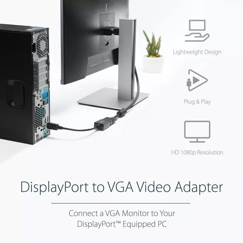 StarTech.com Adaptador DisplayPort a VGA - Convertidor activo DP a VGA - Vídeo 1080p - Certificado DisplayPort - Adaptador de cable de fuente DP/DP++ a monitor VGA - Conector DP con bloqueo