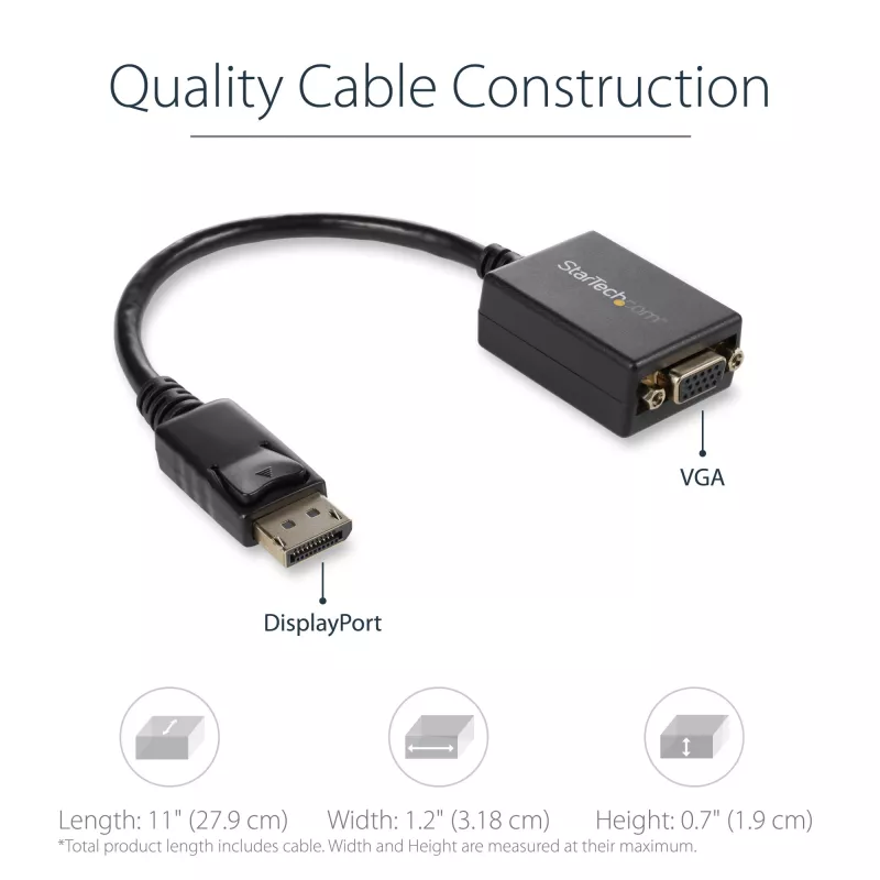 StarTech.com Adaptador DisplayPort a VGA - Convertidor activo DP a VGA - Vídeo 1080p - Certificado DisplayPort - Adaptador de cable de fuente DP/DP++ a monitor VGA - Conector DP con bloqueo