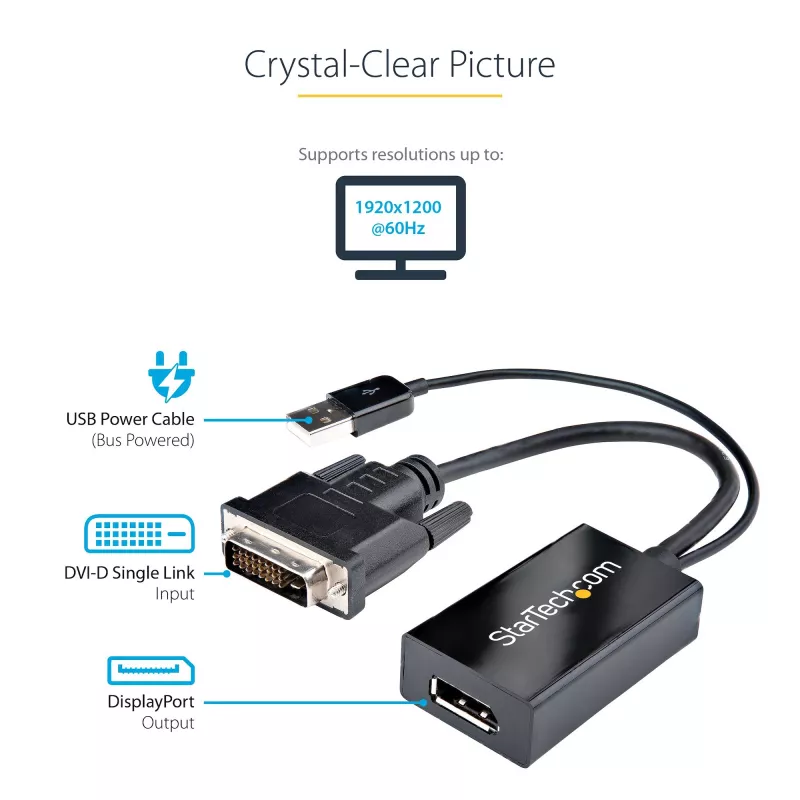 StarTech.com Adaptador DVI a DisplayPort – Alimentación por USB – 1920 x 1200 – Convertidor DVI a DisplayPort – Adaptador de vídeo – DVI-D a DP